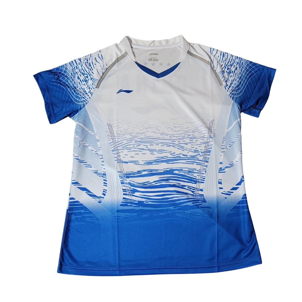 Li-Ning China AT DRY Athletic Jersey Blue White Wave Graphic V-Neck Shirt L